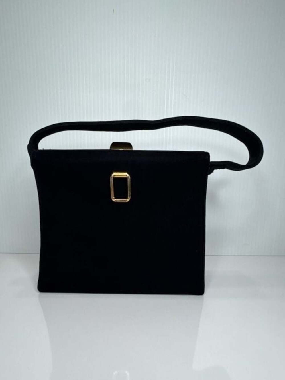 Vintage Coblentz Black Suede Top Handle Designer Handbag with Gold Buckle Accent
